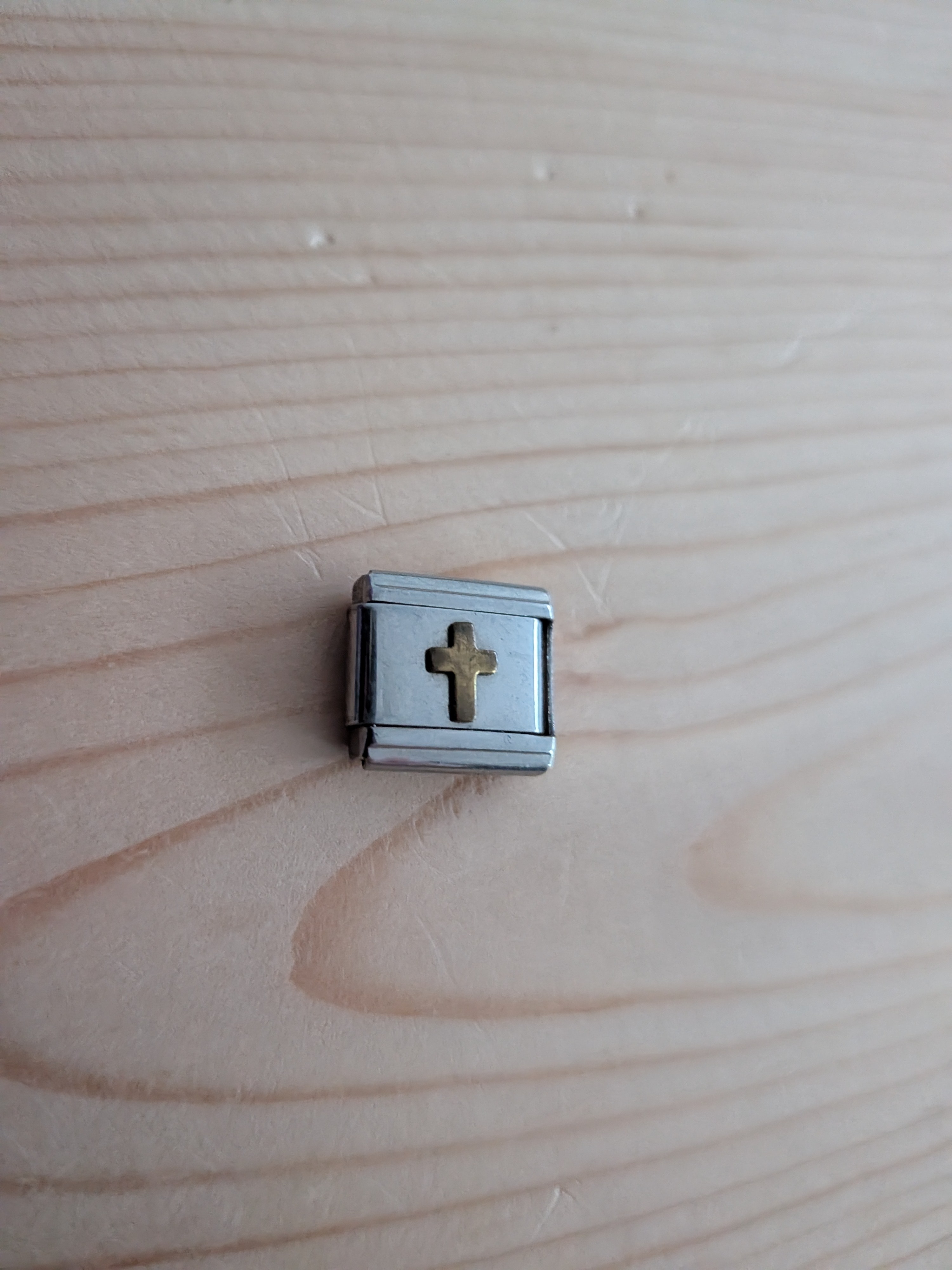 Stainless Steel Link Charm With Gold Cross Accent